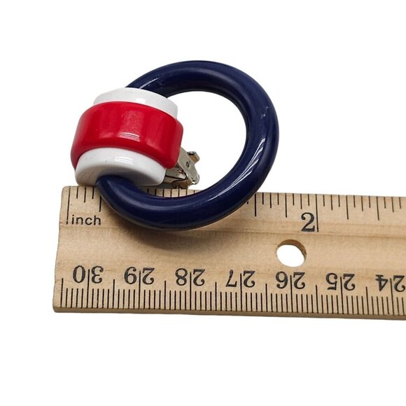 Red White Blue Patriotic Acrylic Round Dangle Earrings Clip-On Closure Vintage - Picture 5 of 5